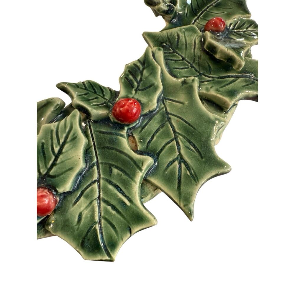 Handmade Pottery Holly Wreath 3D Decor Christmas Holiday 10” Studio - Picture 5 of 9